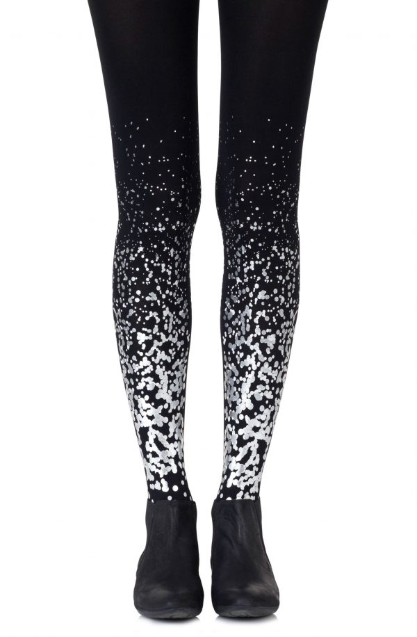 Zohara “Paint It Black” Grey Silver Print Tights